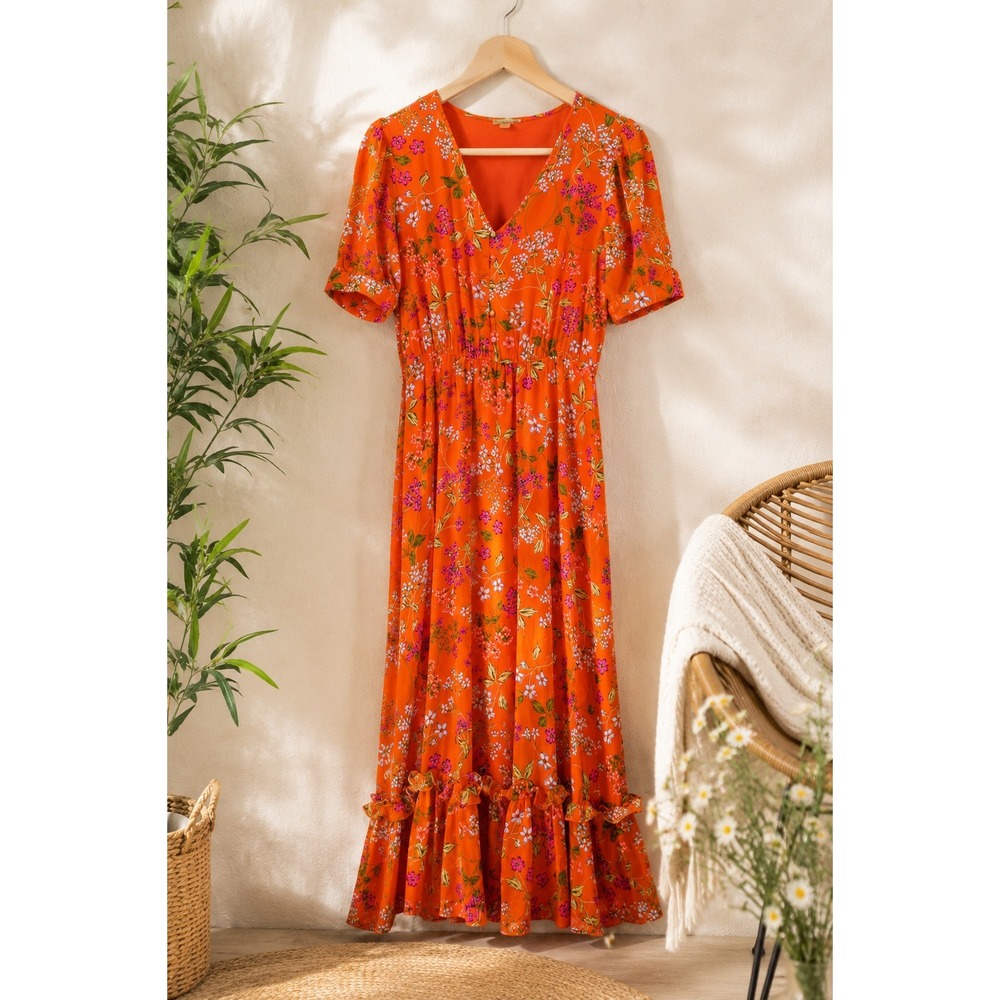Orange Floral Midi Dress Womens Size 10 Ruffle Hem Wedding‎ Guest Vacation